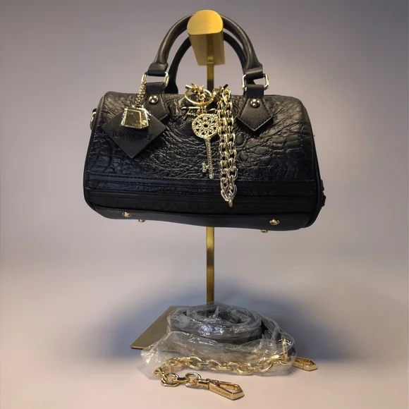 Black Croc Embossed Satchel Handbag with Gold Accessories By Tote & Carry NWT - Picture 7 of 8